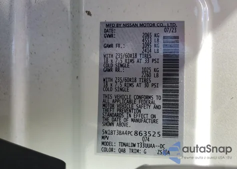 2023 Nissan Rogue Sv z USA, uszkodzony, nr VIN 5N1BT3BA4PC863525